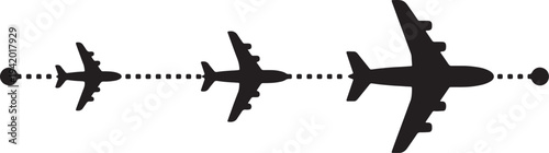 Three black silhouette airplanes flying in a row connected by a dotted line also transparent background