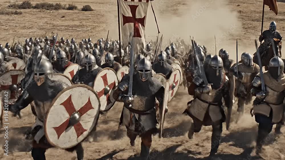 Medieval Knights Charging into Battle - A large group of medieval ...