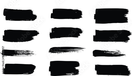 Brush strokes, black ink lines, vector abstract set with paint brush grunge texture on white background.
