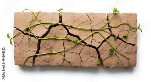 Green shoots emerge from cracked dry earth symbolizing hope and resilience