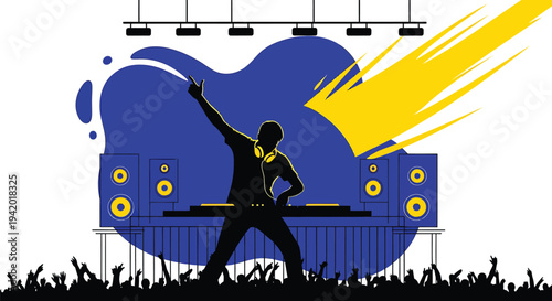 Vector illustration of musician performing on stage with speakers and crowd