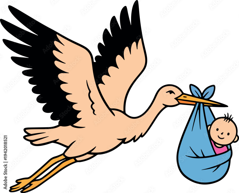 Obraz premium Stork carrying blue bundle with baby in beak against white background also transparent background bird