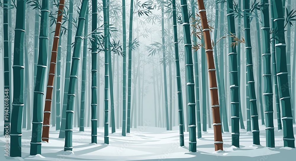 Obraz premium A stylized illustration depicts a wintery bamboo forest, a snowy path leading into the misty distance