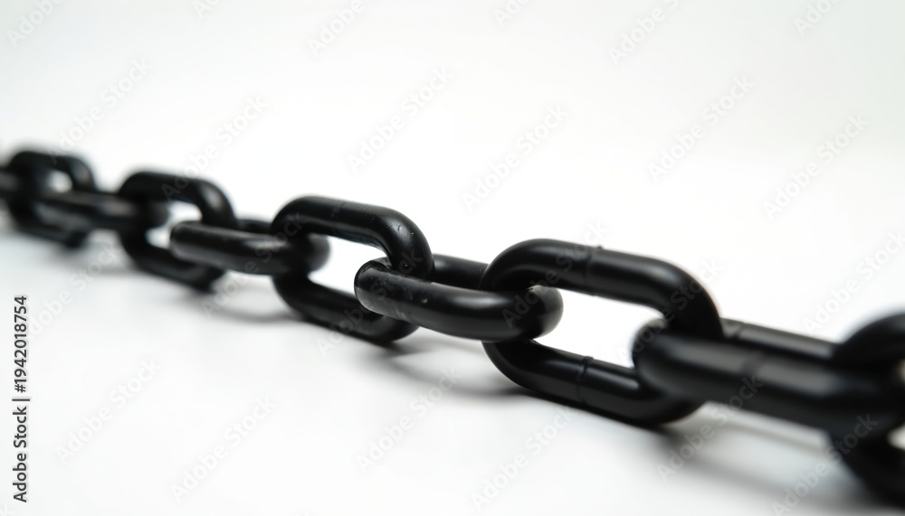 Fototapeta premium Thick black plastic chain links form continuous line against white background. Industrial component shows segmented parts of connected system for transport assembly. Robust manufacturing material
