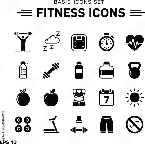 Set of twenty basic fitness icons featuring weightlifting dumbbells kettlebell healthy nutrition and workout symbols for gym and sports lifestyle