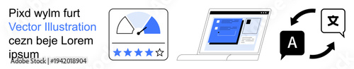 Language tools, translation services, feedback systems, digital platforms, data visualization, productivity tools. Icons translation, rating system and computer interface graphics. Translation
