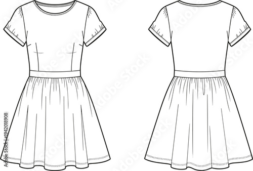 Line of short sleeved dress front and back line fashion clothing garment