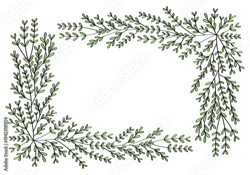Hand drawn rectangular frame of branches and leaves from bushes and trees. Aesthetic border of evergreen plants. Ideal for decorating and framing flyers, greeting cards, covers, posters, invitations.