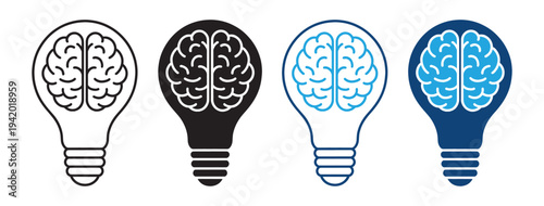 Brain Inside Lightbulb Icon Set Creative Idea and Intelligence Concept Line and Solid Symbols