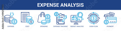 Expense Analysis web banner icon vector illustration concept with icons of expense, cost, spending, expense tracking, budget analysis, cash flow, and payment.
