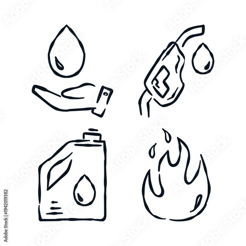 Gasoline, Oil Nozzle, Oil Container, Fire Flame, Hand drawn doodle icon collection vector illustration