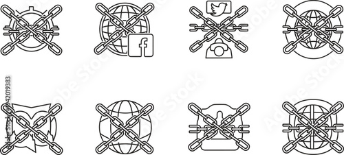 Collection of minimalist line art icons illustrating censorship and restricted access with chains crossing out symbols for internet social media and communication isolated on white