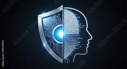 Digital Human Brain with Cybersecurity Shield Illustration.