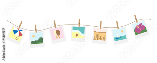 Photos Seven summer-themed Polaroid photos hang with clothespins on a rope