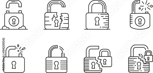 Set of minimalist padlock security icons featuring open closed and broken states ideal for web and mobile app design related to data protection and access control