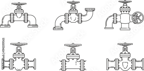 Set of various industrial gate and globe valves detailed outline vector illustrations for plumbing engineering and infrastructure projects isolated on white