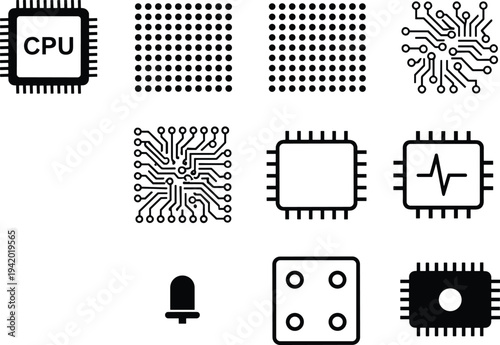 Technology Hardware Icon Set Featuring CPU Processor Microchip Circuit Board Elements Digital 