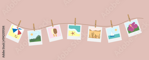 Seven summer-themed Polaroid photos hang with clothespins on a rope. Pictures include mountains, a rhinoceros, a cactus, a beach, ice cream, and a hibiscus flower.