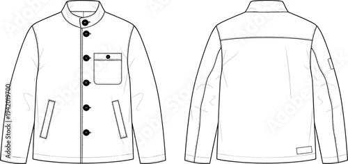 Technical of a white jacket with black buttons technical white front view back view