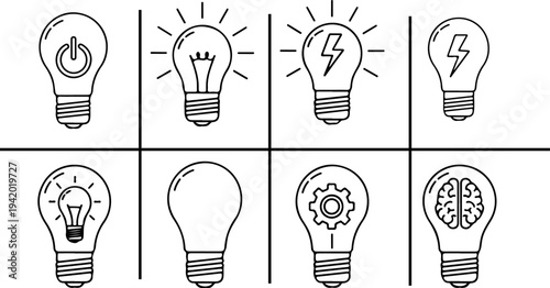 Light bulb icon set representing innovation, creative thinking and problem solving concepts, idea generation and visualization symbols.eps