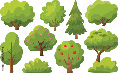 An assorted group of cartoon trees and shrubs featuring green leaves and some blooming flowers or red fruits
