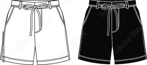 Casual shorts clothing icon set, men summer shorts with belt outline and solid fashion apparel vector illustration