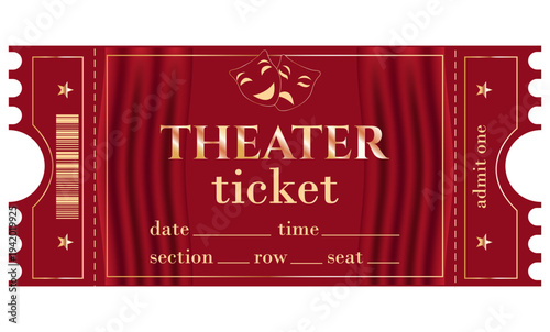Red theater ticket template featuring masks from comedy and tragedy masks, with a red curtain with gold elements
