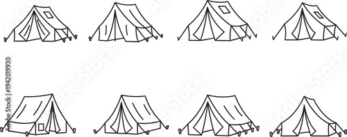 Set of hand-drawn camping tent icons simple line art illustrations for outdoor adventure and travel concepts isolated on white background