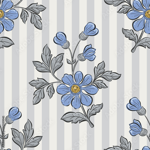 Cute floral seamless pattern on linen texture. Flower vector illustration background. Print in rustic vintage style, textile or wallpapers.
