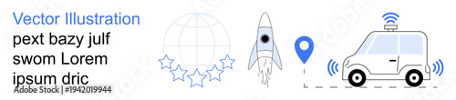 Global connectivity, space travel, navigation tools, autonomous vehicles, technology innovation, wireless communication. Globe with stars, rocket pin marker and self-driving car. Space travel