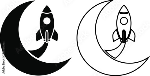 Rocket ship blasting off into space on crescent moon, success and innovation concept