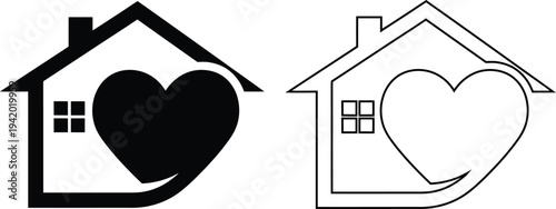House with heart symbol, home love icon, heartwarming house logo, love home