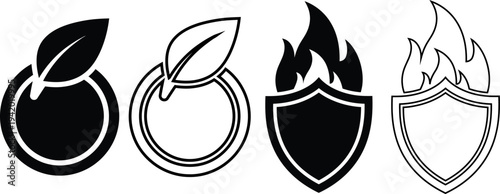 Black and white shield and apple icons with flames and leaves, symbolizing protection, safety, and nature