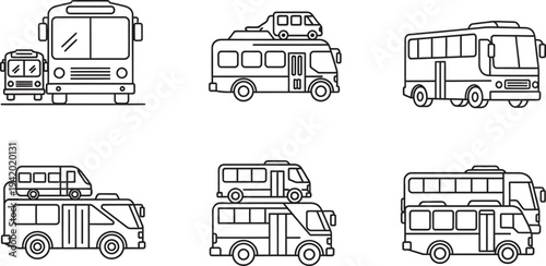 Collection of diverse public transport bus icons featuring various vehicle types in a clean outline vector illustration style ideal for urban travel logistics and mobile application design
