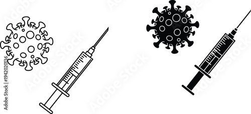 Coronavirus vaccine syringe icon set, covid virus and vaccination injection outline and solid medical healthcare vector illustration