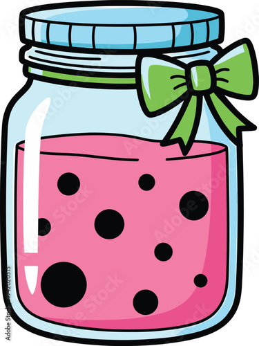 A cartoon illustration of a glass jar filled with pink liquid and black bubbles tied with a green bow