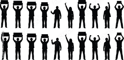 Crowd, protester, silhouettes, holding, blank, banners, demonstration, rally, activism, people, cheering, social, movement, protest, signs, freedom, expression, protestors, group, concept