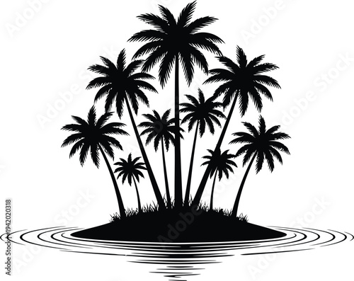 A serene tropical island with a cluster of swaying palm trees standing tall on a small landmass surrounded by calm waters