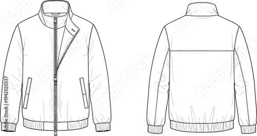 White bomber jacket front and back views with zipper pockets