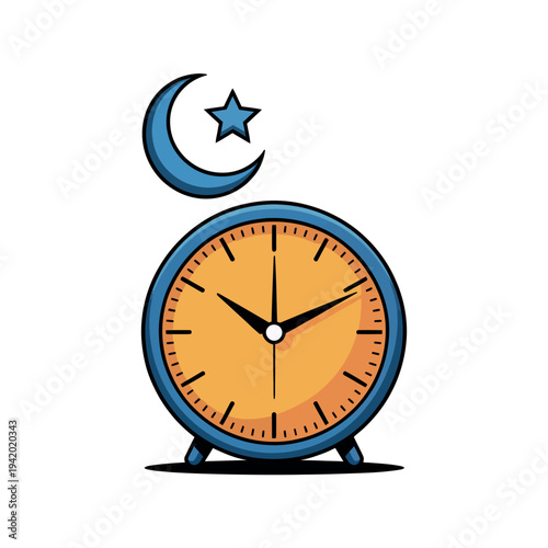 A cartoon alarm clock with a crescent moon and star on a white background