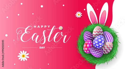 Happy Easter text Wen banner with stylish bunny ears and patterned eggs on Pink digital background for holiday, Minimal Easter greeting card with golden eggs. Elegant design. Vector illustration