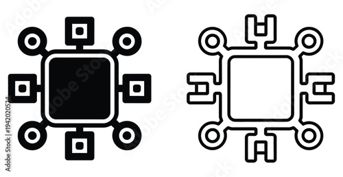 Central hub icons with connections, solid and outline, vector illustration for network and core concepts, scalable graphics for IT infrastructure