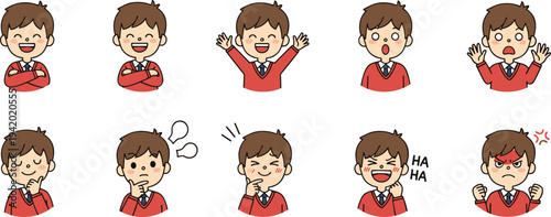 cute, boy, emoji, expressions, set, cartoon, kid, emotions, happy, surprised, thinking, laughing, angry, character, face, collection, vector, illustration, isolated, bundle