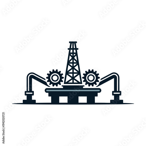 An illustration of an industrial oil rig with gears and pipes on a white background
