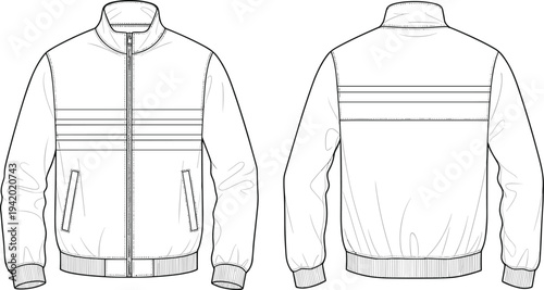 White jacket front and back view with horizontal stripes