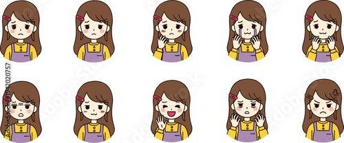 cute, girl, emoji, expressions, set, cartoon, kid, emotions, sad, crying, shy, happy, angry, character, face, collection, vector, illustration, isolated, bundle
