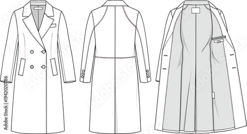 White coat technical with front back and inside views technical fashion clothing garment front view back view