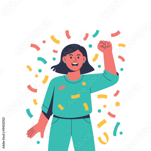 A cartoon woman celebrating with confetti in a fun and vibrant atmosphere