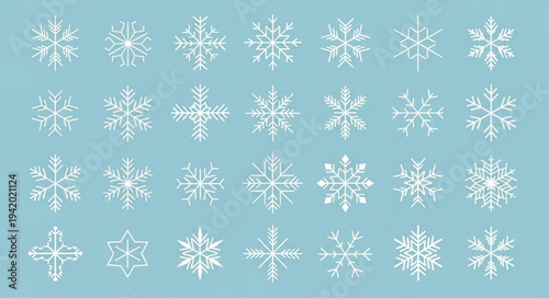 Collection of Various Snowflake Patterns on Light Blue Background.