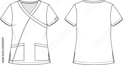 White medical scrubs front and back views with pockets and stitching details nurse uniform doctor clothes